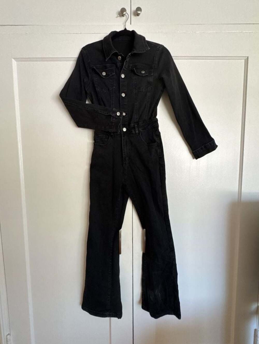 SHEIN Strauss Black Denim Long Sleeve Flare Leg Jumpsuit